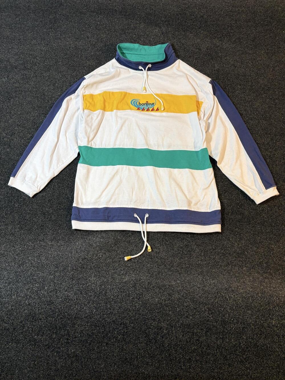 Bonjour Sweatshirt Mens Medium Multicolor Pullover Mock Neck Nautical Striped
